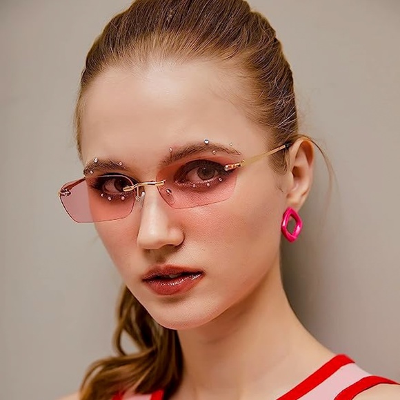 Women's Pink Tint Gold Frame Y2K UV Protection Fashion Rectangle Sunglasses - Picture 2 of 6